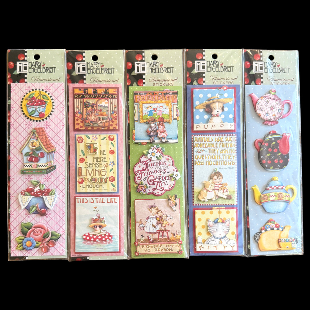 Lot of 5 Mary Engelbreit Dimensional Stickers 3D Cherries Tea Dog Cat NIP Sealed